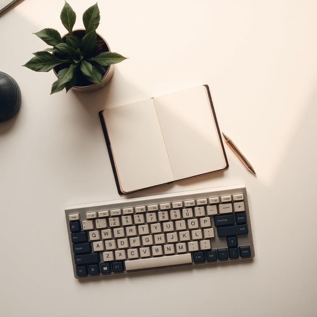 Spațiu de lucru ordonat cu tastatură mecanică și carnet